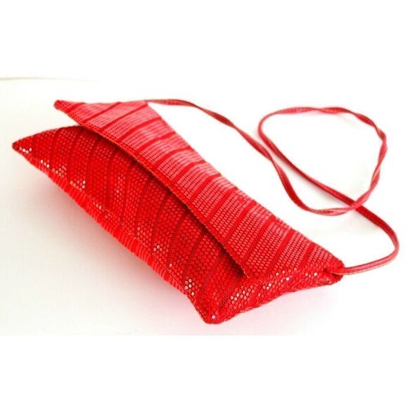 VTG RED MESH GENUINE LEATHER STRAP FLAP MIRROR INSIDE SHOULDER BAG PURSE CLUTCH - Picture 5 of 9